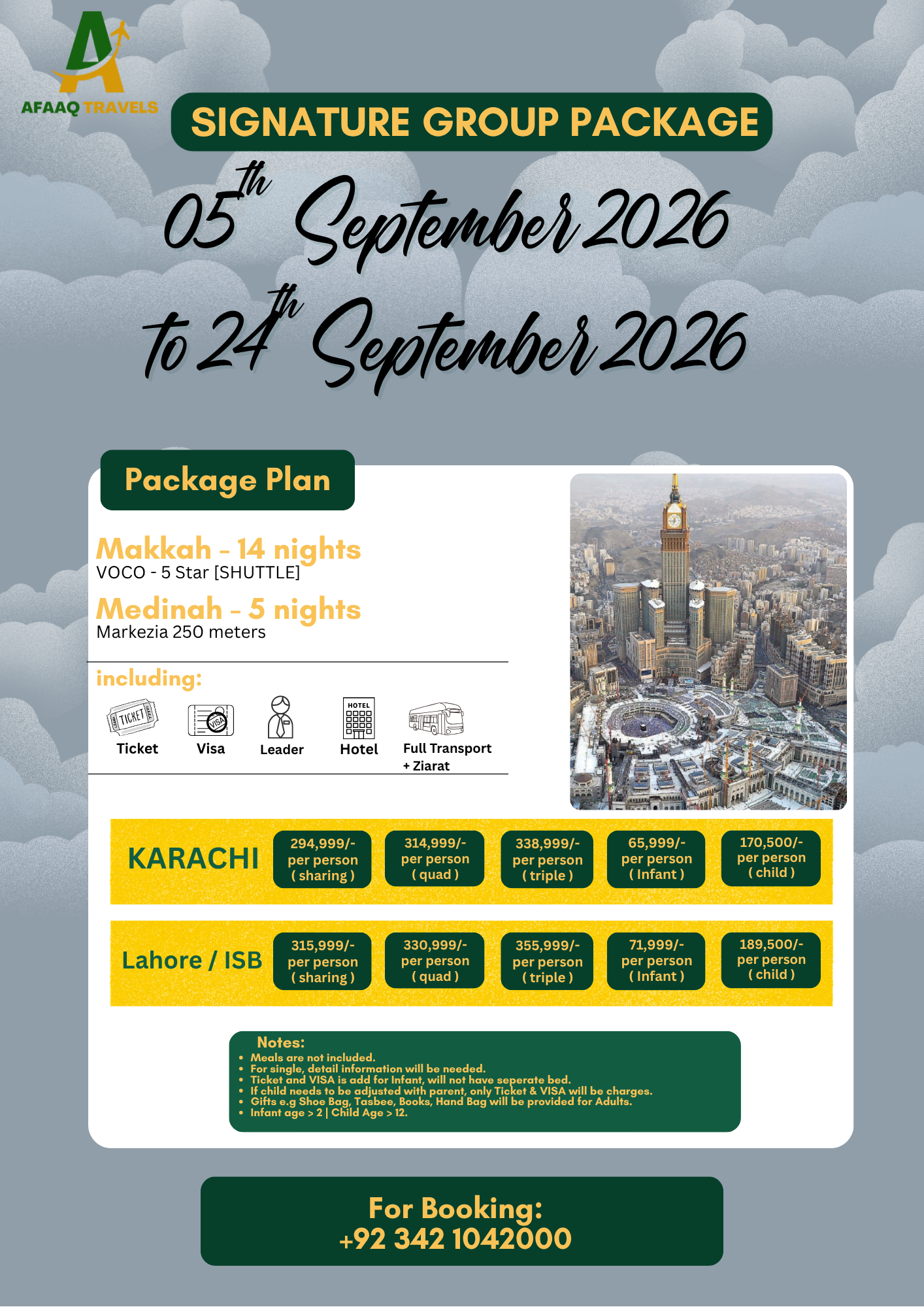 Signature 20 Days September Group Umrah Package 2026 from Pakistan including VOCO Hotel Makkah and Markezia Madinah
